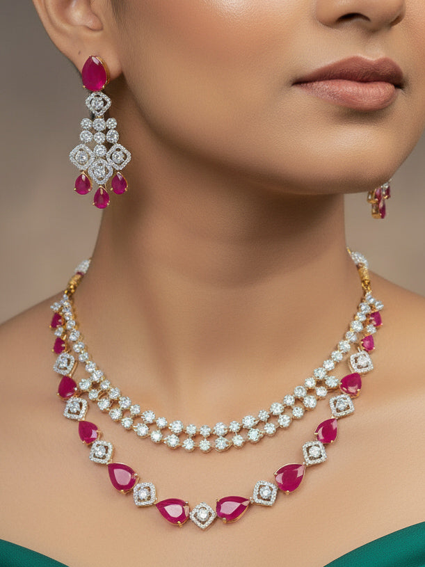 "A stunning woman wearing a glamorous artificial diamond and pink colored stone necklace paired with chic earrings, perfect for bridal wear. This high-quality artificial diamond jewelry set is the ideal choice for modern brides looking for a budget-friendly option with timeless sparkle."
