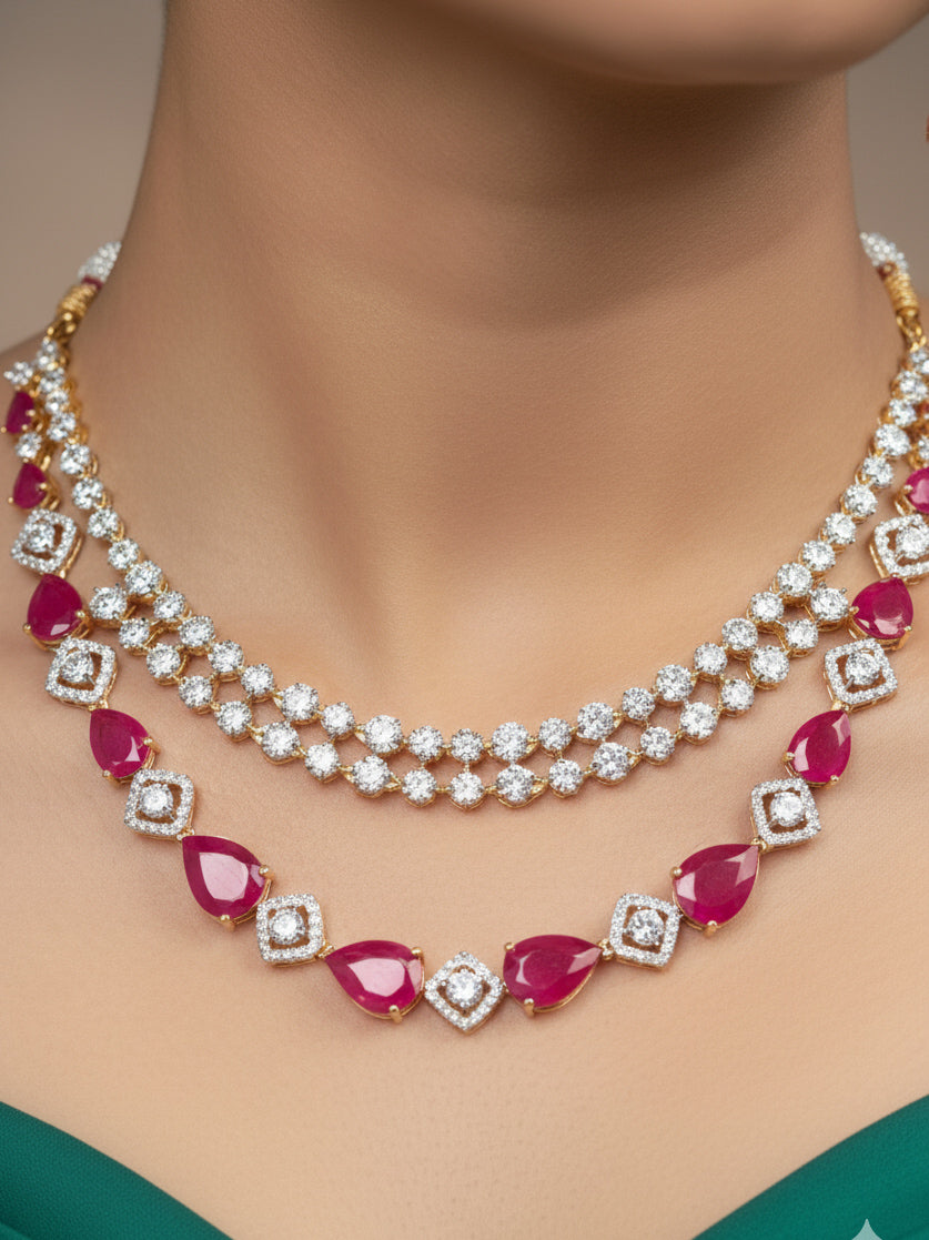 "A woman showcasing a beautiful artificial diamond and pink colored stone necklace and earrings set, ideal for festivals, family gatherings, and special celebrations in India. This elegant diamond jewelry provides the perfect blend of sparkle and tradition, with a modern twist."