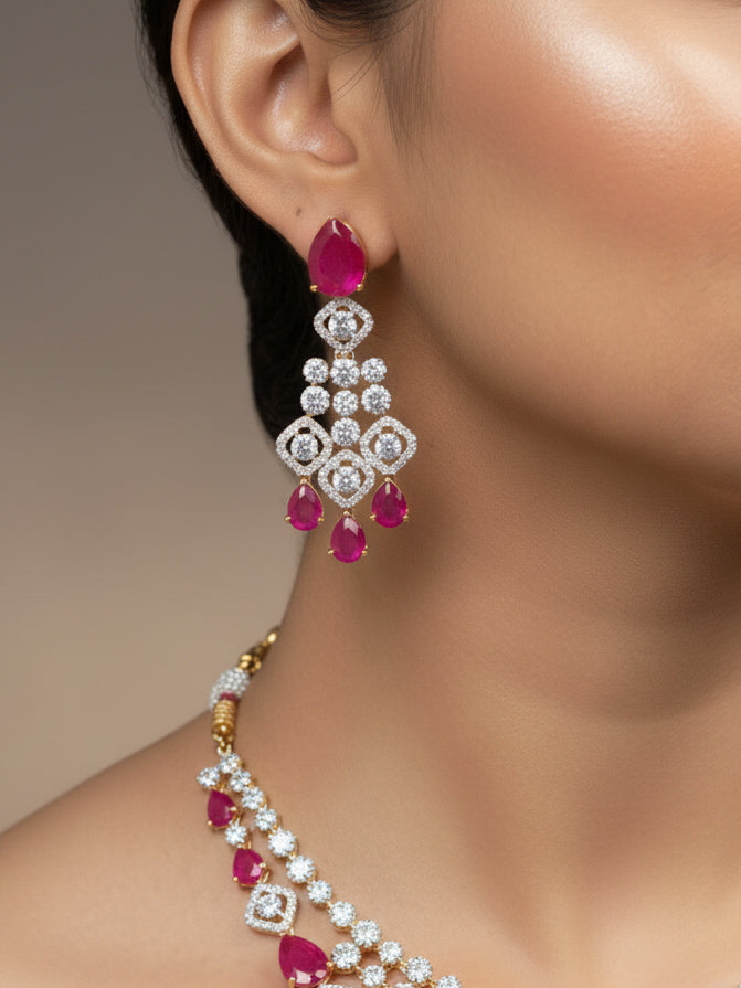 "A bride-to-be wearing an exquisite artificial diamond and pink colored stone necklace and matching earrings, designed for the perfect engagement look. This stunning artificial diamond jewelry set offers luxury and sophistication while being an affordable alternative to natural diamonds."