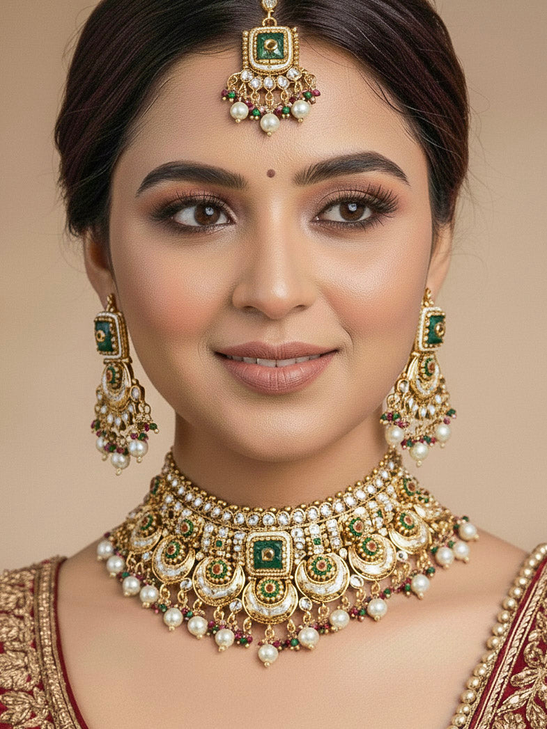 Close-up of a woman wearing an ornate traditional Rajwadi and Heritage gold Choker jewellery set and earrings and maangtikka with Pearls, Beads, Meenakari and Green Colored Stones. Woman pairing a Rajwadi necklace with a red wedding Lehenga. Bride wearing a heritage-inspired artificial necklace set for her wedding ceremony.