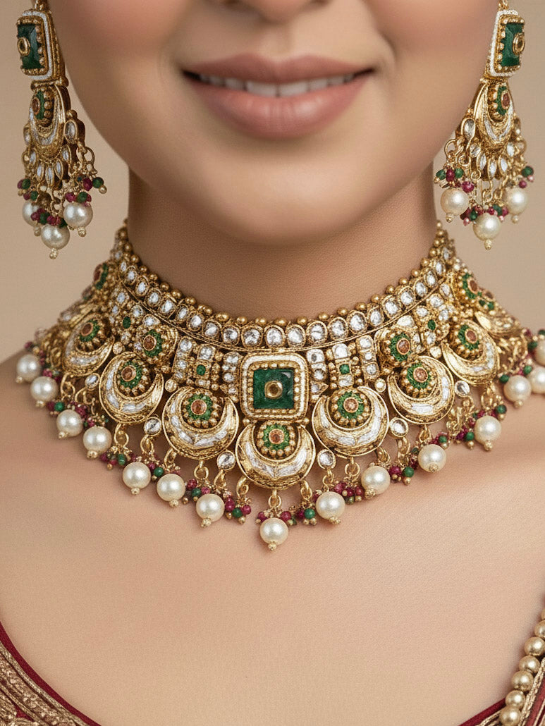 Close-up of a woman wearing an ornate traditional Rajwadi and Heritage gold Choker jewellery set and earrings and maangtikka with Pearls, Beads, Meenakari and Green Colored Stones. Woman pairing a Rajwadi necklace with a red wedding Lehenga. Bride wearing a heritage-inspired artificial necklace set for her wedding ceremony. Close-up of enamel work in Meenakari artificial wedding jewelry.