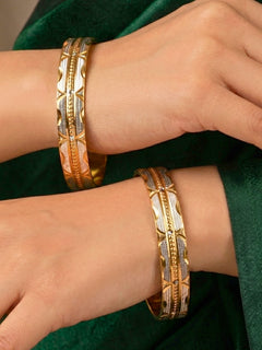 Close-up of an a women wearing ornate traditional (Gold Polish) Grey & White  Bangles Set. It’s comfortable and lightweight enough for everyday wear, and it also looks absolutely beautiful and elegant. The design is stylish, the finish is impressive, and it feels really pleasant to wear all day.