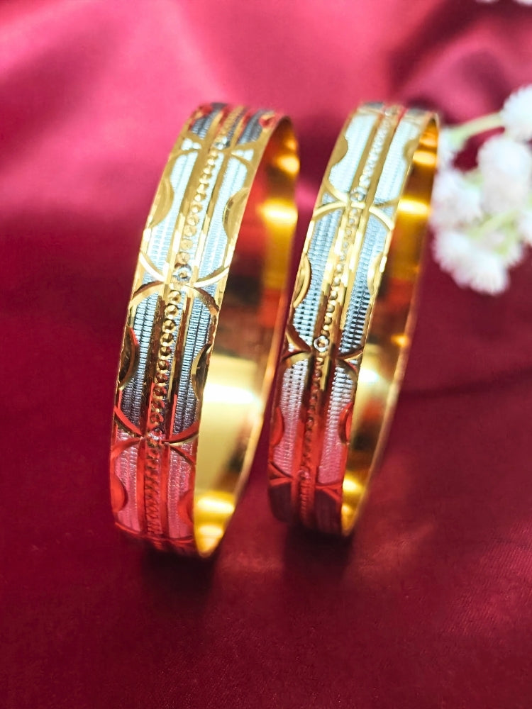 Close-up of an ornate traditional (Gold Polish) Grey & White  Bangles Set. It’s comfortable and lightweight enough for everyday wear, and it also looks absolutely beautiful and elegant. The design is stylish, the finish is impressive, and it feels really pleasant to wear all day.