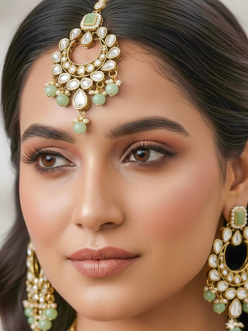 Close-up of a woman wearing an ornate traditional Green Kundan Choker jewellery set and earrings and maangtikka with Kundan, Mint green Stone, Pearls and Mint Green Crystal Beads. Bride wearing a royal Kundan artificial necklace for wedding rituals. Wedding celebration look enhanced with a statement Kundan necklace. 