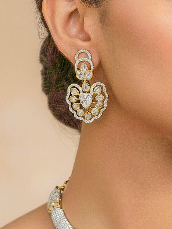 Close-up of a woman wearing an ornate Western American diamond Raizel Necklace Set (Dual Tone) Collar jewellery set and earrings with American Diamond. Bride-to-be styled in a premium American diamond artificial necklace for her reception party.