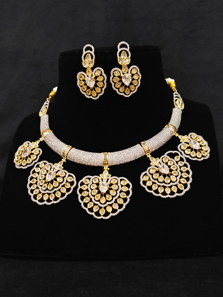 Close-up of an ornate Western American diamond Raizel Necklace Set (Dual Tone) Collar jewellery set and earrings with American Diamond. Bride-to-be styled in a premium American diamond artificial necklace for her reception party.