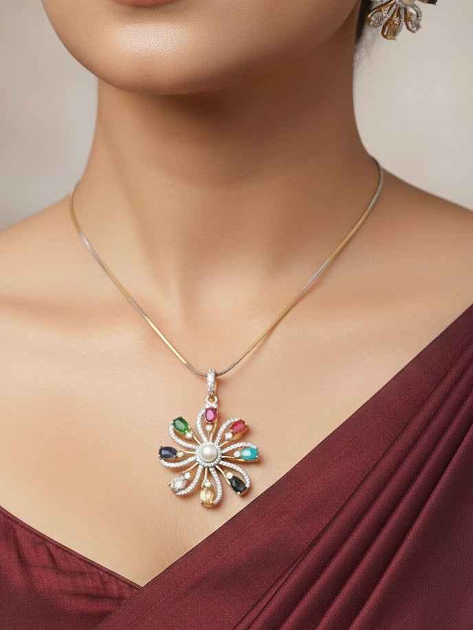 Close-up of a woman wearing an ornate Indo-Western Multi-Color (gold Polish) Pendant set and earrings with American Diamond and Colored Stones. Mehendi function outfit styled with a lightweight American Diamond Pendant. Close-up of high-quality artificial American Diamond Pendant craftsmanship.