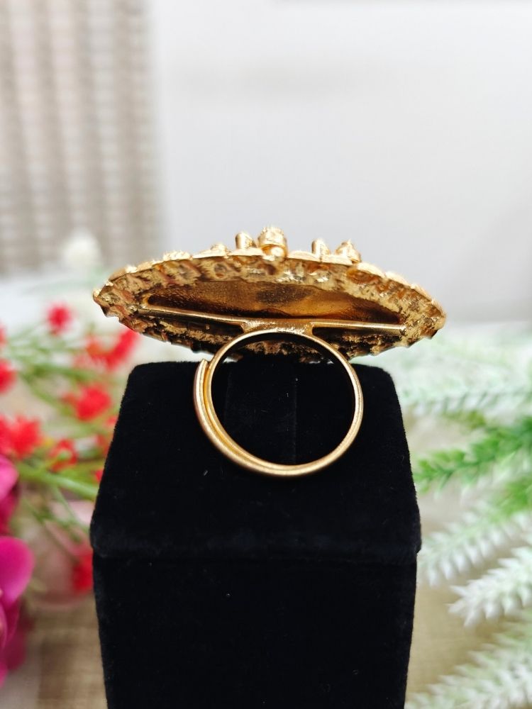 The Ramratan Ring featuring a traditional gold Ring with Goddess Ram, Laxman and sita in the middle, along with Kundan, Bride showcasing a premium temple artificial Ring for wedding rituals. Traditional temple artificial Ring for her South Indian wedding ceremony.