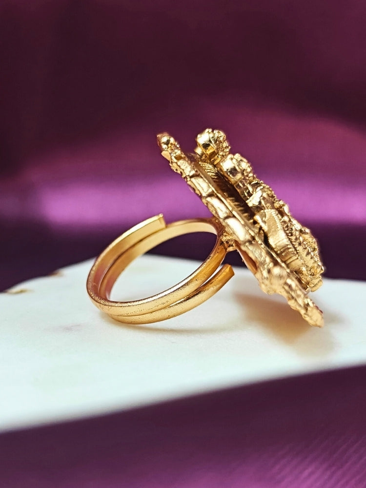 The Ramratan Ring featuring a traditional gold Ring with Goddess Ram, Laxman and sita in the middle, along with Kundan, Bride showcasing a premium temple artificial Ring for wedding rituals. Traditional temple artificial Ring for her South Indian wedding ceremony.