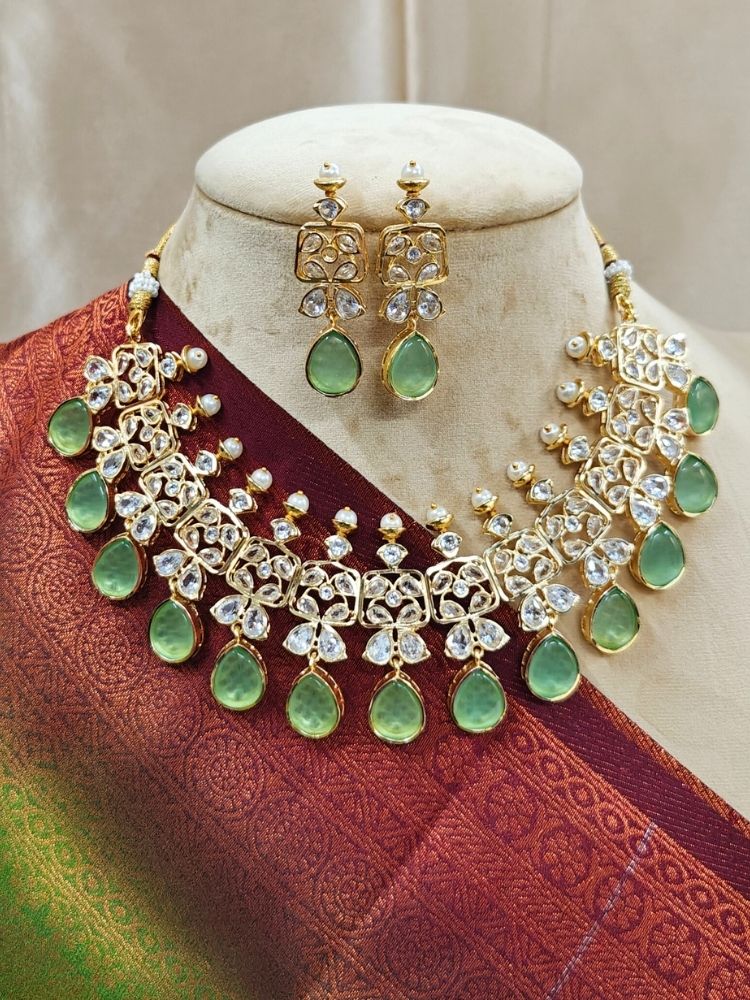 Kundan necklace set with Parrot Green stones for wedding and festive functions