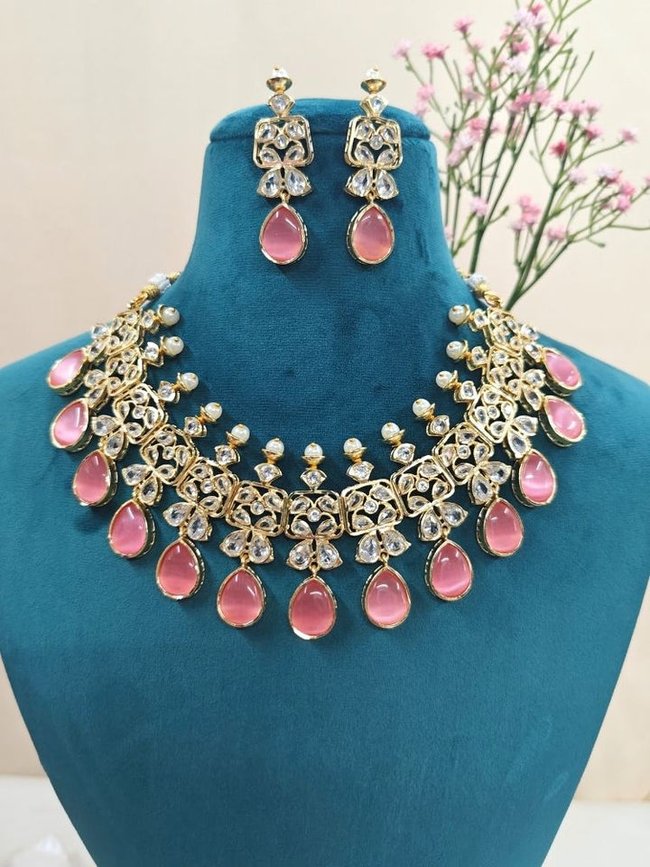 Kundan necklace set with Pink stones for wedding and festive functions