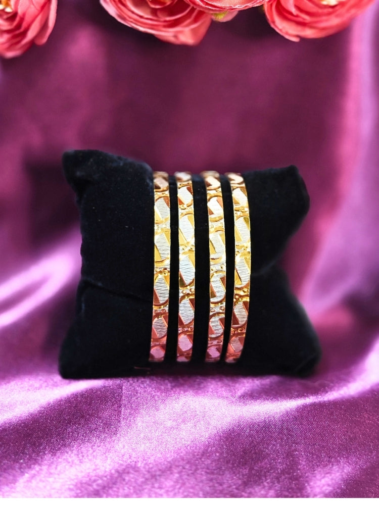 Close-up of an ornate traditional (Gold Polish) Bangles Set. It’s comfortable and lightweight enough for everyday wear, and it also looks absolutely beautiful and elegant. The design is stylish, the finish is impressive, and it feels really pleasant to wear all day.