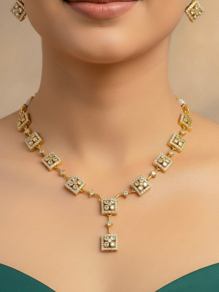 Close-up of a woman wearing an ornate Indo-western (gold Polish) Collar Diamond jewellery set and earrings with American Diamond. Festive Diwali outfit styled with an American diamond artificial necklace. Indo-western outfit styled with a statement American diamond necklace set.