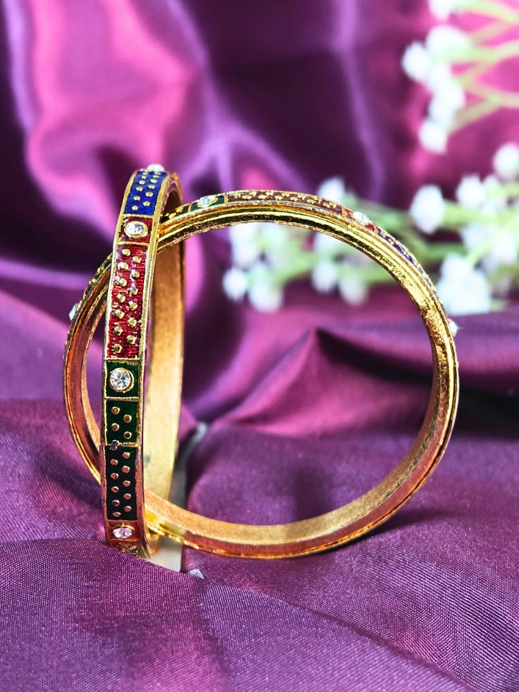 Close-up of an ornate traditional (Gold Polish) Multi-Color Bangles Set. It’s comfortable and lightweight enough for everyday wear, and it also looks absolutely beautiful and elegant. The design is stylish, the finish is impressive, and it feels really pleasant to wear all day.