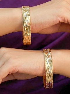 Close-up of an a women wearing ornate traditional (Gold Polish) Bangles Set. It’s comfortable and lightweight enough for everyday wear, and it also looks absolutely beautiful and elegant. The design is stylish, the finish is impressive, and it feels really pleasant to wear all day.