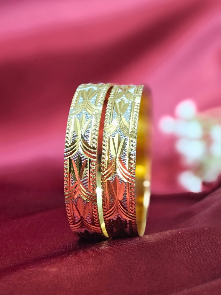 Close-up of an ornate traditional (Gold Polish) Bangles Set. It’s comfortable and lightweight enough for everyday wear, and it also looks absolutely beautiful and elegant. The design is stylish, the finish is impressive, and it feels really pleasant to wear all day.