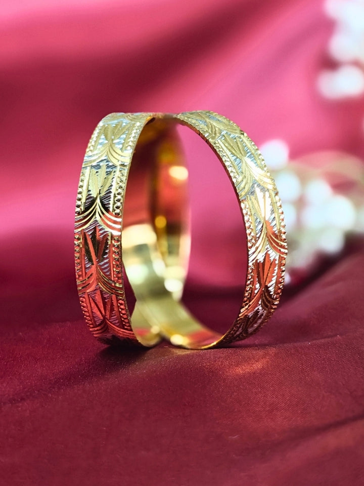 Close-up of an ornate traditional (Gold Polish) Bangles Set. It’s comfortable and lightweight enough for everyday wear, and it also looks absolutely beautiful and elegant. The design is stylish, the finish is impressive, and it feels really pleasant to wear all day.