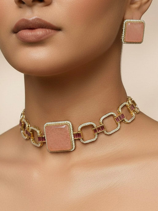 Close-up of a model in luxurious artificial diamond jewelry featuring a designer diamond and peach colored stone choker necklace and earrings set, crafted for bridal fashion and high-end weddings. This beautiful diamond jewelry set offers the brilliance of real diamonds at an affordable price.
