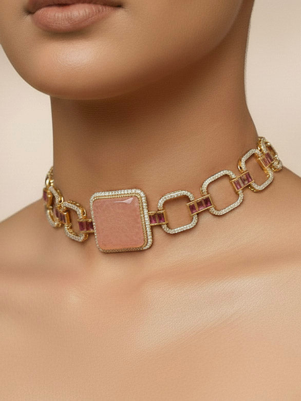 A woman showcasing a beautiful artificial diamond and peach colored stone  choker necklace and earrings set, ideal for festivals, family gatherings, and special celebrations in India. This elegant diamond jewelry provides the perfect blend of sparkle and tradition, with a modern twist.