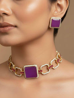 "A beautiful woman wearing an elegant artificial diamond and purple colored stone choker necklace and matching earrings. This premium artificial diamond jewelry set is perfect for special occasions, from Indian weddings to engagement parties, offering sophisticated glamour without the high price tag."