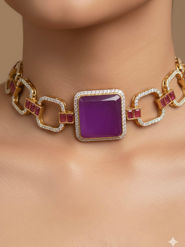 "Elegant woman wearing a luxurious artificial diamond and purple colored stone choker necklace with matching earrings, perfect for high-profile wedding receptions and formal galas. This high-end artificial diamond jewelry set combines style, elegance, and affordability for special occasions."
