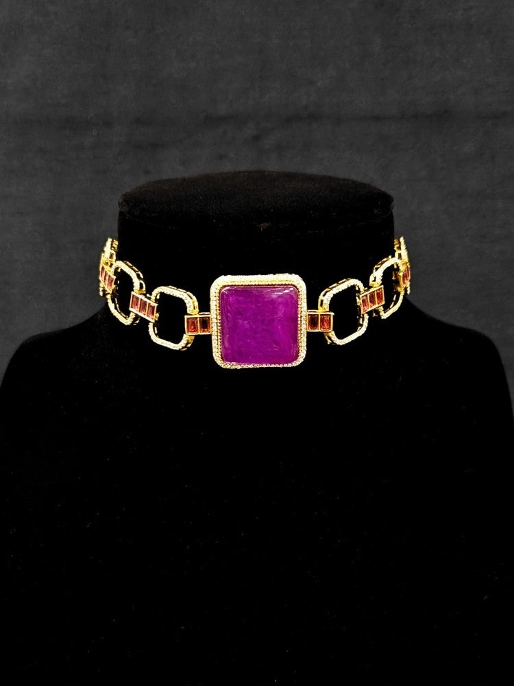 An elegant artificial diamond and purple colored stone choker necklace and matching earrings. This premium artificial diamond jewelry set is perfect for special occasions, from Indian weddings to engagement parties, offering sophisticated glamour without the high price tag.