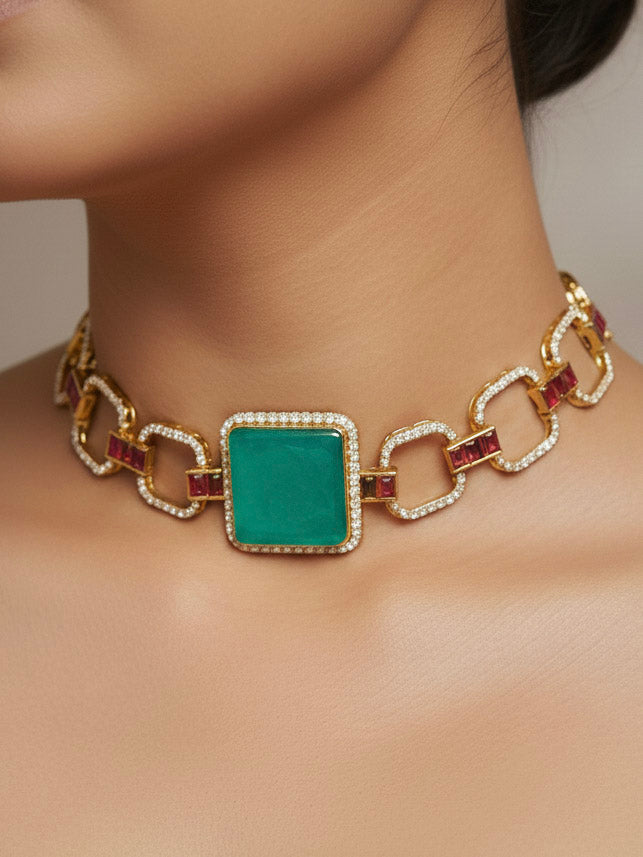 "Elegant woman wearing a luxurious artificial diamond and sea green colored stone choker necklace with matching earrings, perfect for high-profile wedding receptions and formal galas. This high-end artificial diamond jewelry set combines style, elegance, and affordability for special occasions."

