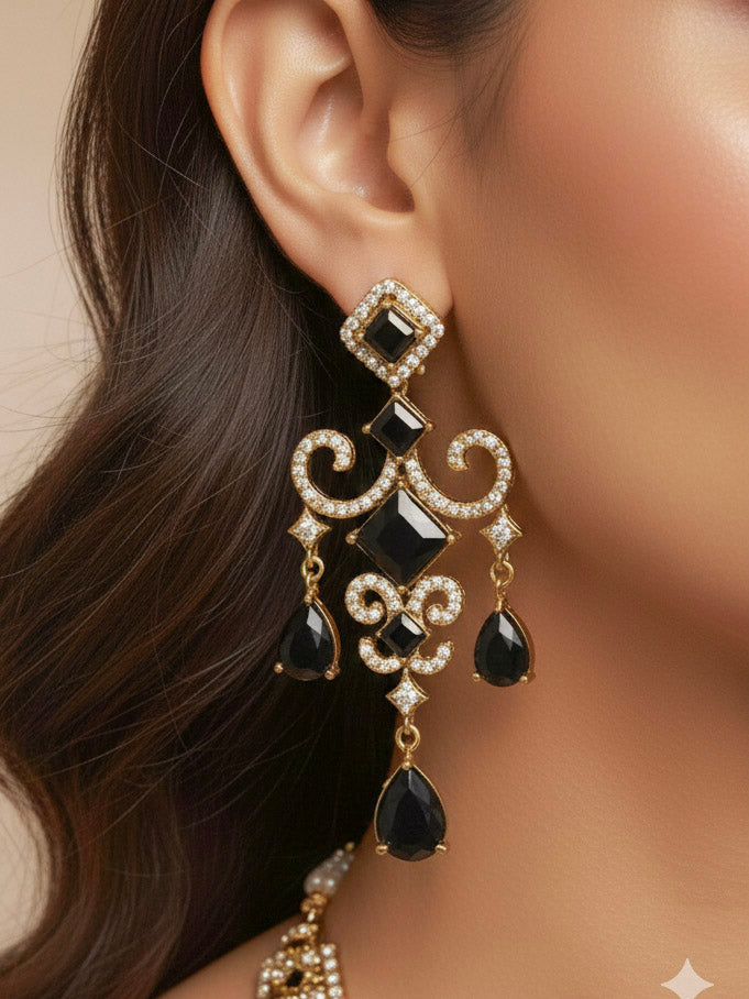 "A woman showcasing a beautiful artificial diamond necklace with black colored stone  and earrings set with maamgtikka, ideal for festivals, family gatherings, and special celebrations in India. This elegant diamond jewelry provides the perfect blend of sparkle and tradition, with a modern twist."