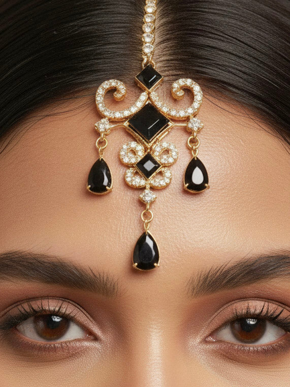 "A beautiful woman wearing an elegant artificial diamond necklace with black colored stone  and matching earrings with maangtikka. This premium artificial diamond jewelry set is perfect for special occasions, from Indian weddings to engagement parties, offering sophisticated glamour without the high price tag."