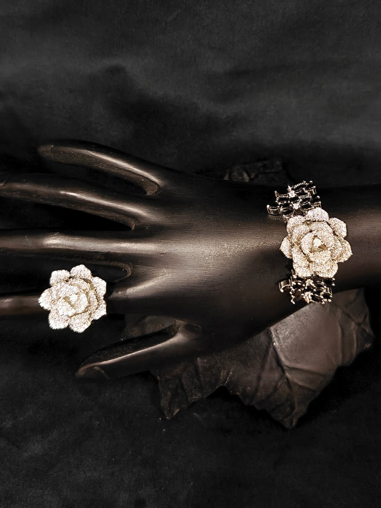 Close-up of an ornate  Indo-western Black Silver Collar American Diamond jewellery set, earrings, maangtikka, Ring and Bracelet with Black Colored Stones and American Diamond. A graceful trending American diamond necklace for a 2026 wedding celebration.