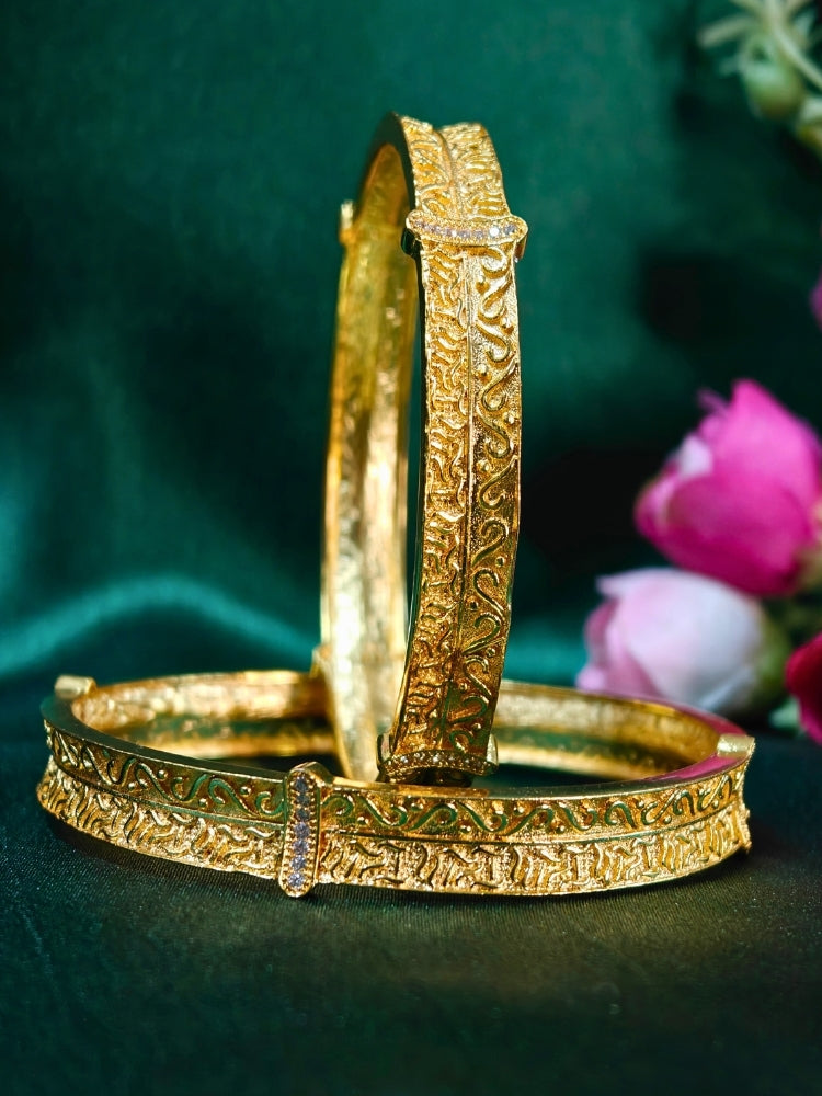 Close-up of an ornate traditional (Gold Polish) Bangles Set. It’s comfortable and lightweight enough for everyday wear, and it also looks absolutely beautiful and elegant. The design is stylish, the finish is impressive, and it feels really pleasant to wear all day.