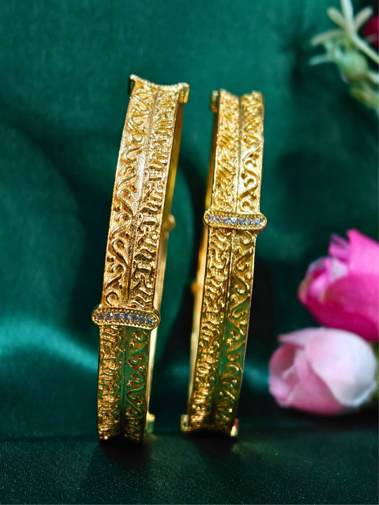 Close-up of an ornate traditional (Gold Polish) Bangles Set. It’s comfortable and lightweight enough for everyday wear, and it also looks absolutely beautiful and elegant. The design is stylish, the finish is impressive, and it feels really pleasant to wear all day.