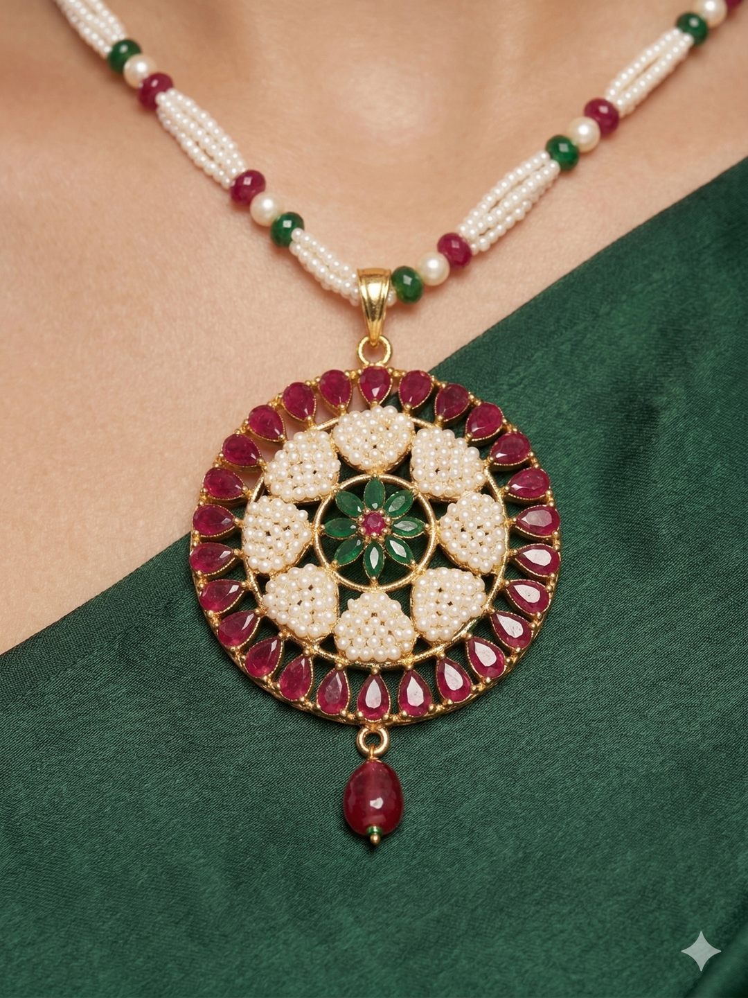 Close-up of a woman wearing an ornate traditional Colored Stones Pendant Set  earrings with Pearl and Colored Stones. Festive celebration look enhanced with traditional Colored Stones jewelry. Close-up of detailed enamel craftsmanship in Colored Stones jewelry.