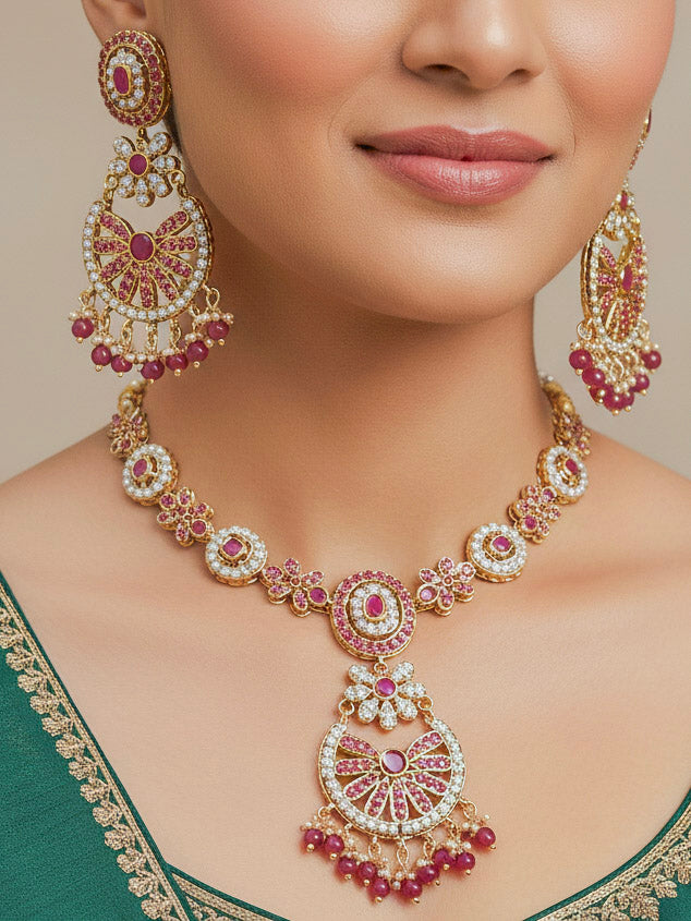Close-up of a woman wearing an ornate traditional jadau gold jewellery set and jadau earrings with beads and gemstones. Perfect Jadau necklace set for weddings and festivals. 