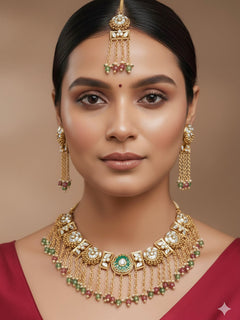 Close-up of a woman wearing an ornate traditional Mint Pink and Green Heritage gold Collar jewellery set and earrings and maangtikka with Beads, Colored Stones and Kundan. Woman wearing a heritage-inspired artificial necklace for wedding festivities. Saree styling inspiration with a traditional heritage necklace.