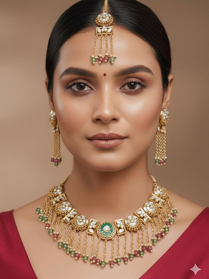 Close-up of a woman wearing an ornate traditional Mint Pink and Green Heritage gold Collar jewellery set and earrings and maangtikka with Beads, Colored Stones and Kundan. Woman wearing a heritage-inspired artificial necklace for wedding festivities. Saree styling inspiration with a traditional heritage necklace.