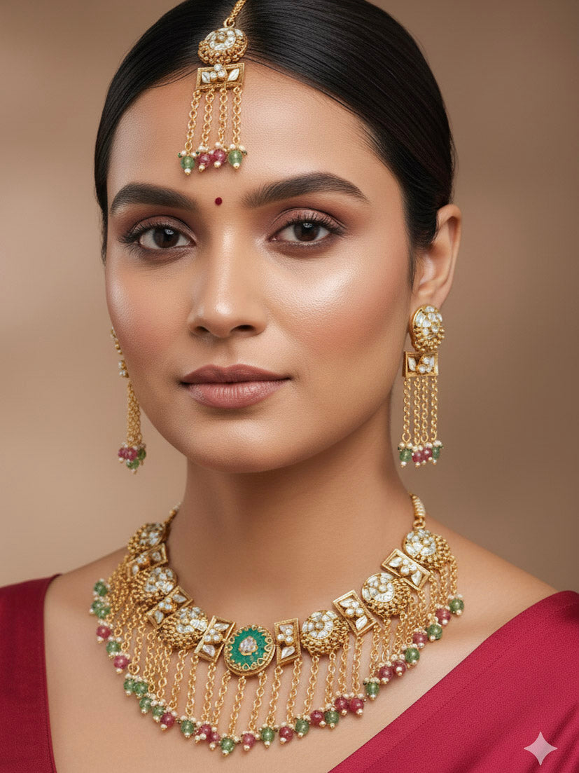 Close-up of a woman wearing an ornate traditional Mint Pink and Green Heritage gold Collar jewellery set and earrings and maangtikka with Beads, Colored Stones and Kundan. Woman wearing a heritage-inspired artificial necklace for wedding festivities. Saree styling inspiration with a traditional heritage necklace.