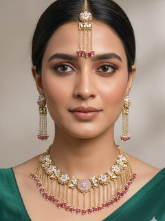 Close-up of a woman wearing an ornate traditional Mint Pink Heritage gold Collar jewellery set and earrings and maangtikka with Beads, Colored Stones and Kundan. Woman wearing a heritage-inspired artificial necklace for wedding festivities. Saree styling inspiration with a traditional heritage necklace.