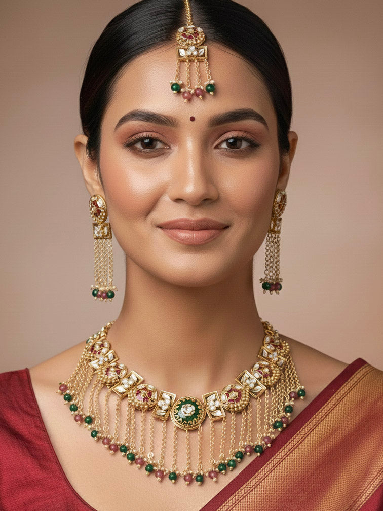 Close-up of a woman wearing an ornate traditional Red and Green Heritage gold Collar jewellery set and earrings and maangtikka with Beads, Colored Stones and Kundan. Woman wearing a heritage-inspired artificial necklace for wedding festivities. Saree styling inspiration with a traditional heritage necklace.