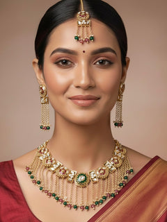 Close-up of a woman wearing an ornate traditional Red and Green Heritage gold Collar jewellery set and earrings and maangtikka with Beads, Colored Stones and Kundan. Woman wearing a heritage-inspired artificial necklace for wedding festivities. Saree styling inspiration with a traditional heritage necklace.