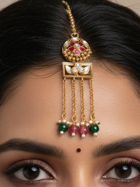Close-up of a woman wearing an ornate traditional Red and Green Heritage gold Collar jewellery set and earrings and maangtikka with Beads, Colored Stones and Kundan. Woman wearing a heritage-inspired artificial necklace for wedding festivities. Saree styling inspiration with a traditional heritage necklace.