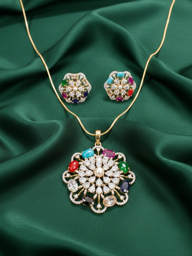 Close-up of an ornate Indo-western Navratan (gold polish) Diamond Pendant set and earrings with American Diamond and Colored Stones. Festive Diwali, Navratri outfit styled with an American diamond artificial Pendant. Indo-western outfit styled with a statement American diamond Pendant set.