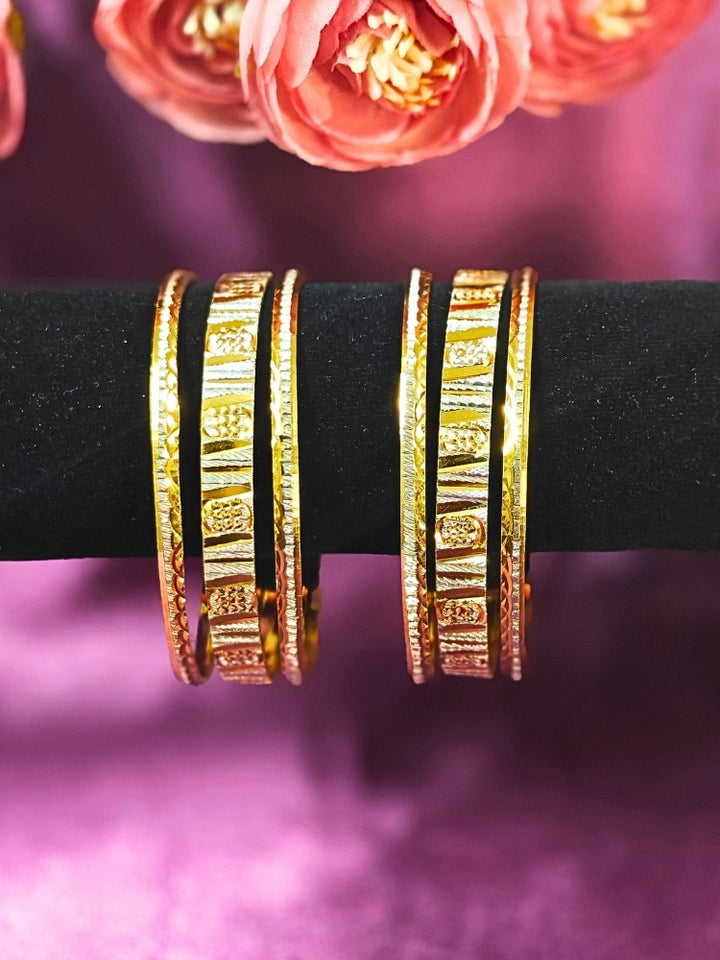 Close-up of an ornate traditional (Gold Polish) Bangles Set. It’s comfortable and lightweight enough for everyday wear, and it also looks absolutely beautiful and elegant. The design is stylish, the finish is impressive, and it feels really pleasant to wear all day.