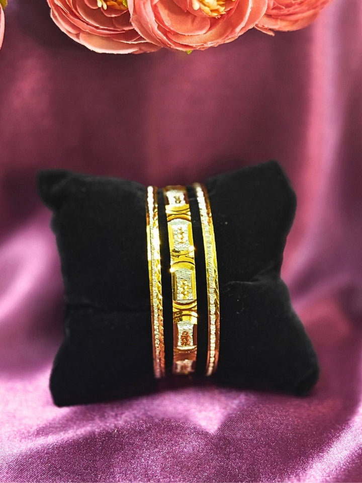 Close-up of an ornate traditional (Gold Polish) Bangles Set. It’s comfortable and lightweight enough for everyday wear, and it also looks absolutely beautiful and elegant. The design is stylish, the finish is impressive, and it feels really pleasant to wear all day.