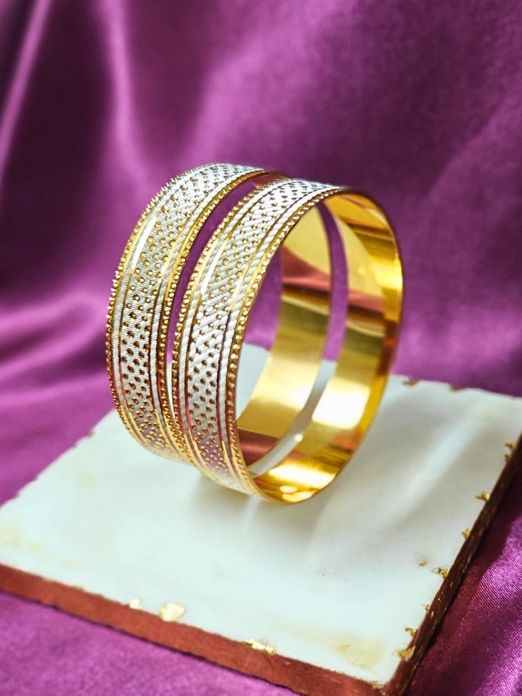 Close-up of an ornate traditional (Gold Polish) White Bangles Set. It’s comfortable and lightweight enough for everyday wear, and it also looks absolutely beautiful and elegant. The design is stylish, the finish is impressive, and it feels really pleasant to wear all day.
