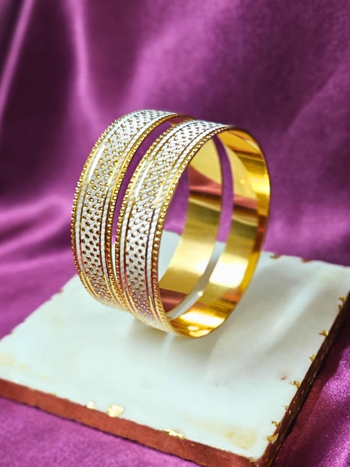 Close-up of an ornate traditional (Gold Polish) White Bangles Set. It’s comfortable and lightweight enough for everyday wear, and it also looks absolutely beautiful and elegant. The design is stylish, the finish is impressive, and it feels really pleasant to wear all day.