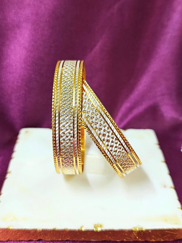 Close-up of an ornate traditional (Gold Polish) White Bangles Set. It’s comfortable and lightweight enough for everyday wear, and it also looks absolutely beautiful and elegant. The design is stylish, the finish is impressive, and it feels really pleasant to wear all day.
