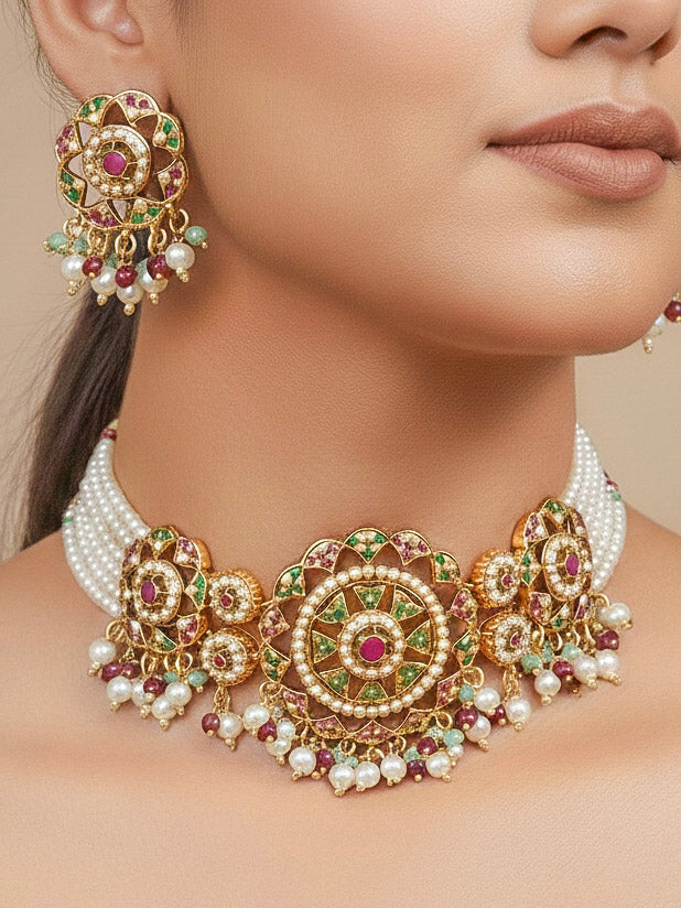 Close-up of a woman wearing an ornate traditional Choker jadau gold jewellery set and  jadau earrings with Pearl, Beads, and Pink and Green Colored Stone. Woman wearing a royal Jadau necklace for festive events in India. Festive saree look completed with a Jadau necklace.