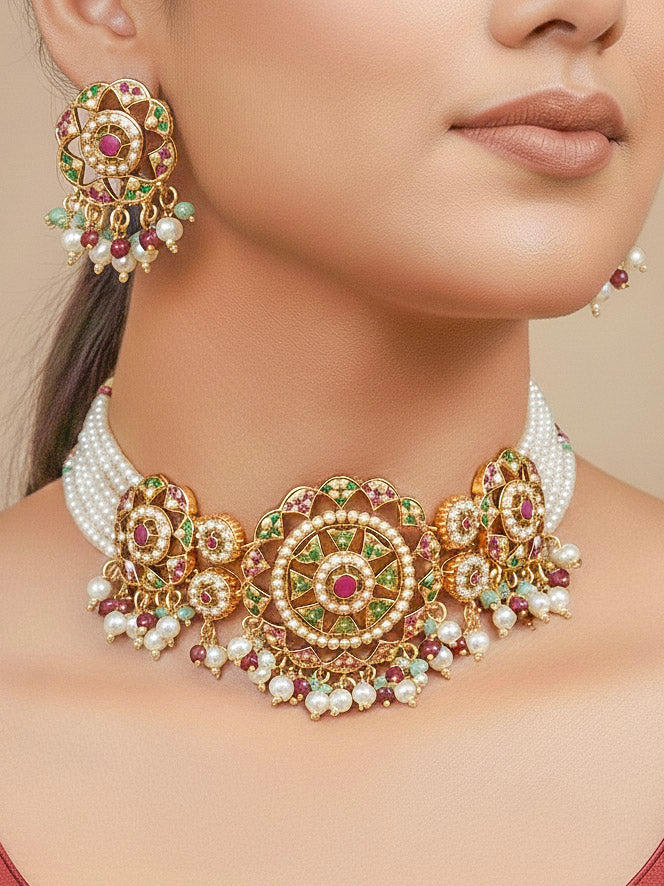 Close-up of a woman wearing an ornate traditional Choker jadau gold jewellery set and  jadau earrings with Pearl, Beads, and Pink and Green Colored Stone. Woman wearing a royal Jadau necklace for festive events in India. Festive saree look completed with a Jadau necklace.