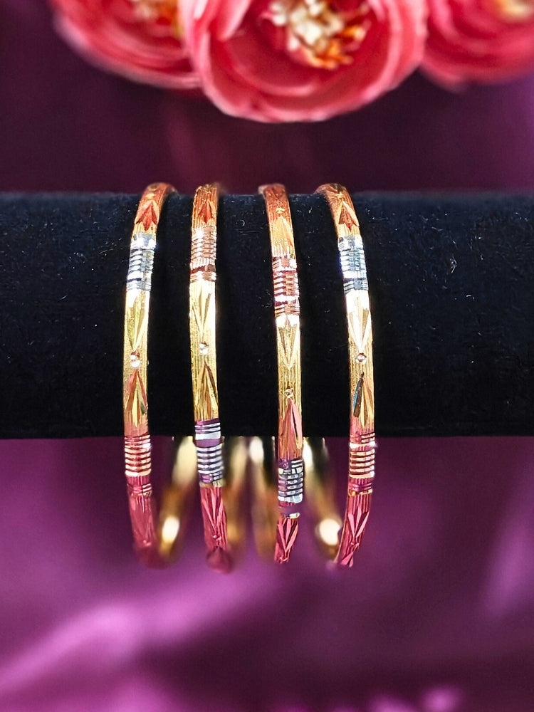 Close-up of an ornate traditional (Gold Polish) Bangles Set. It’s comfortable and lightweight enough for everyday wear, and it also looks absolutely beautiful and elegant. The design is stylish, the finish is impressive, and it feels really pleasant to wear all day.